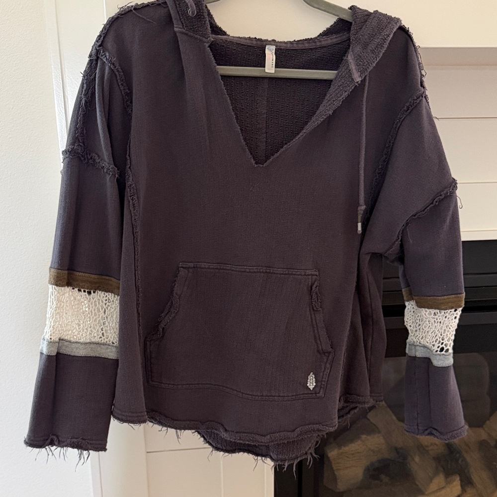 Free Preople Washed Charcoal Hooded Pullover with Knit Sleeve Detail